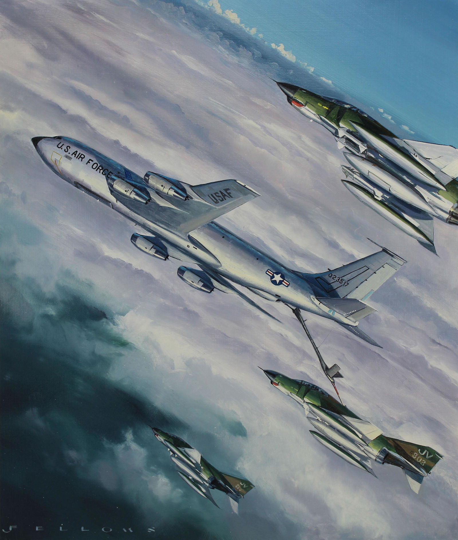 Jack Fellows (B. 1941) KC-135 Stratotanker: Jack Fellows (Washington, B. 1941) "KC-135 Stratotanker" Signed lower left. Original Oil painting on Masonite. Provenance: Collection of James A. Helzer (1946-2008), Founder of Unicover Corporation. T