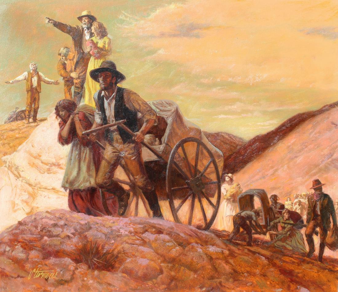 Shannon Stirnweis (B. 1931) "Mormon Settlers": Shannon Stirnweis (B. 1931) "Mormons Arriving in Salt Lake" Signed lower left. Original Oil painting on Illustration Board. Provenance: Collection of James A. Helzer (1946-2008), Founder of Unicover C