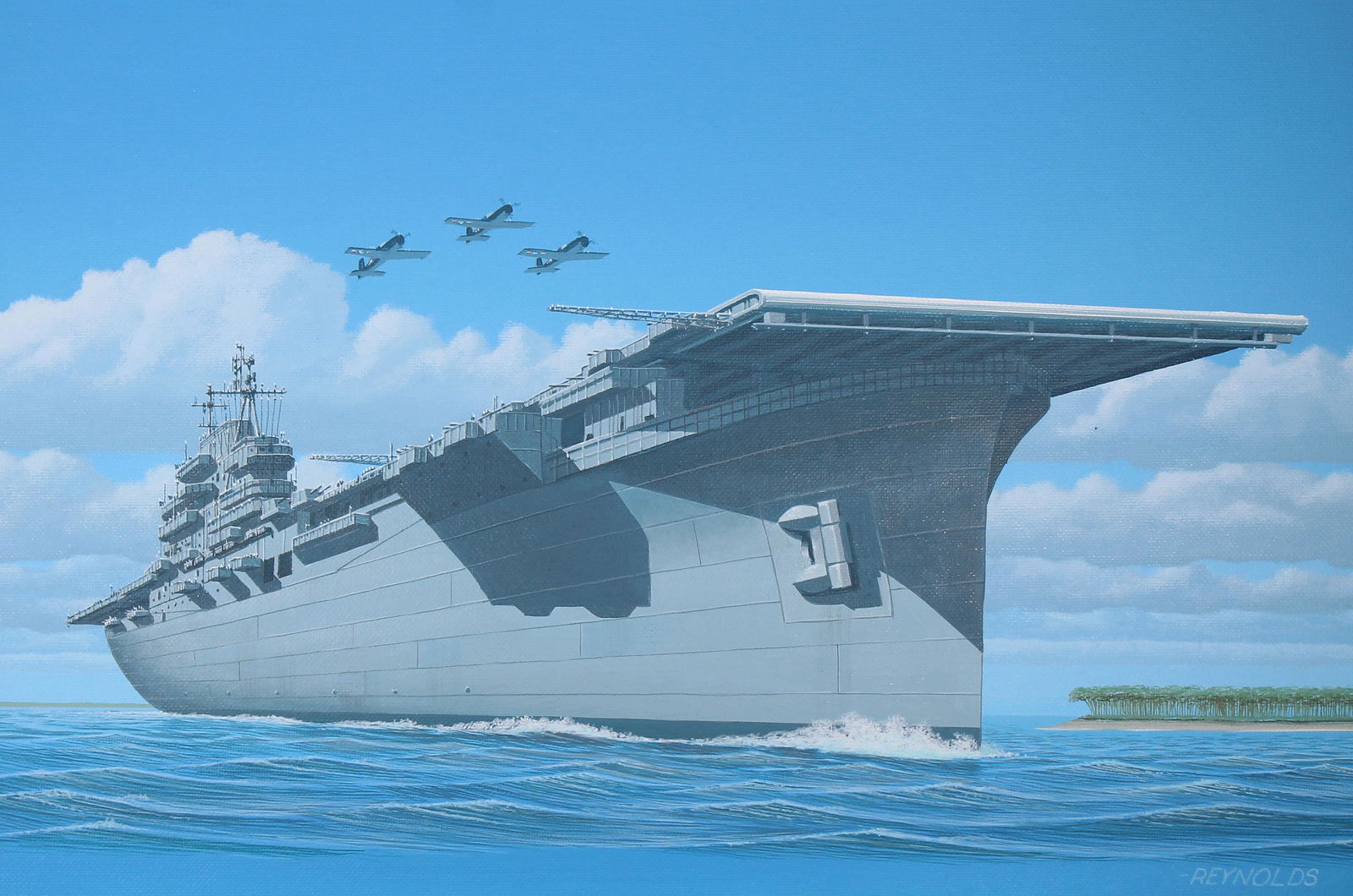 Keith Reynolds (B. 1929) "USS Lexington (CV-16)": Keith Reynolds (American, B. 1929) "USS Lexington (CV-16)" Signed lower right. Original Oil painting on Canvas Board. Provenance: Collection of James A. Helzer (1946-2008), Founder of Unicover Corpora