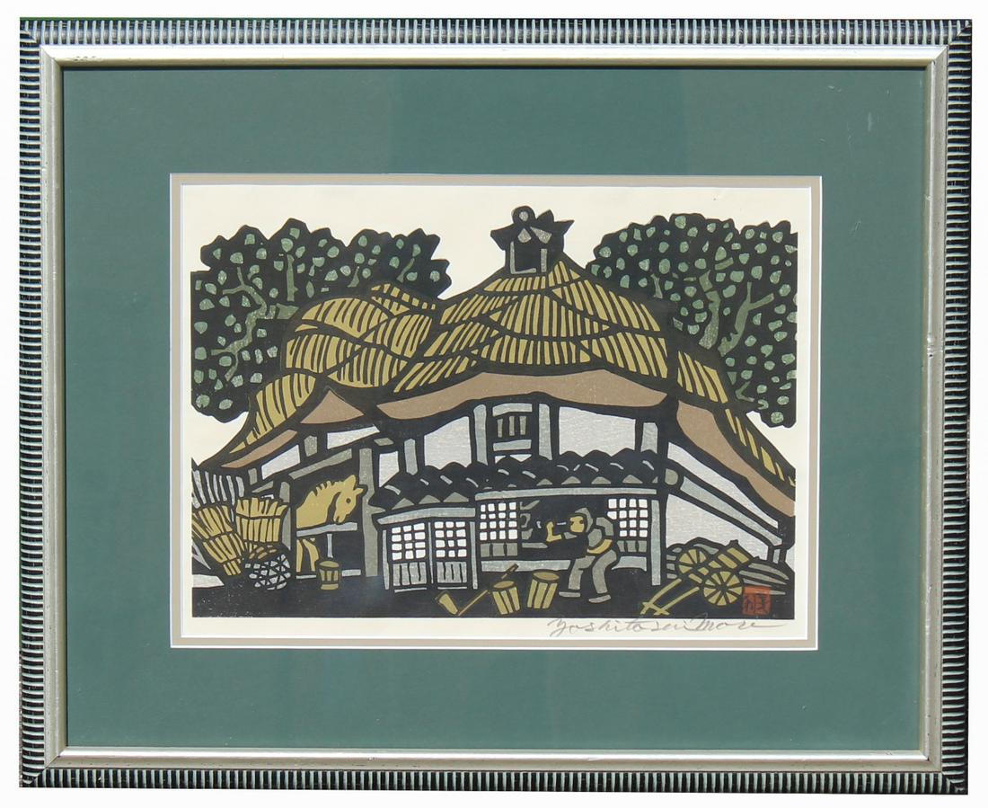 Yoshitoshi Mori (Born 1898): Yoshitoshi Mori (Born 1898) "A Farmhouse" framed print. With artist seal and pencil signature lower right. Gallery label verso. Image Size: 10.5 x 15 in. Overall Framed Size: 20 x 24 in. Framed behind