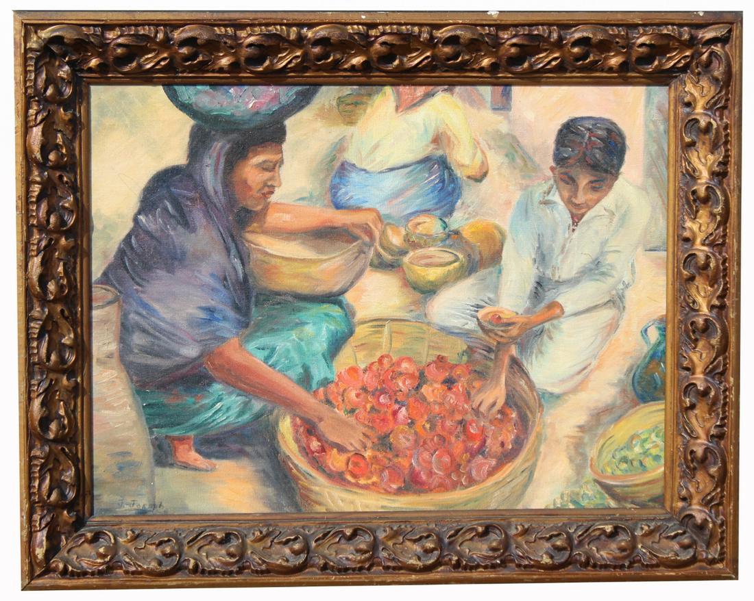 J. Joseph, Market Scene Painting With Figures: J. Joseph, Market Scene Painting With Figures. Oil on canvas. Signed lower left. Sight Size: 18 x 22 in. Overall Framed Size: 24 x 29 in.