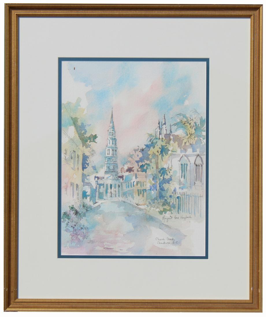 Hoybach, "Church Street, Charleston S.C." W/C: Margaret Hall Hoybach (District of COlumbia, South Carolina, 20th Century) Watercolor of Church Street Charleston South Carolina. Signed and titled lower right. Sight Size: 14 x 10.5 in. Overall Frame