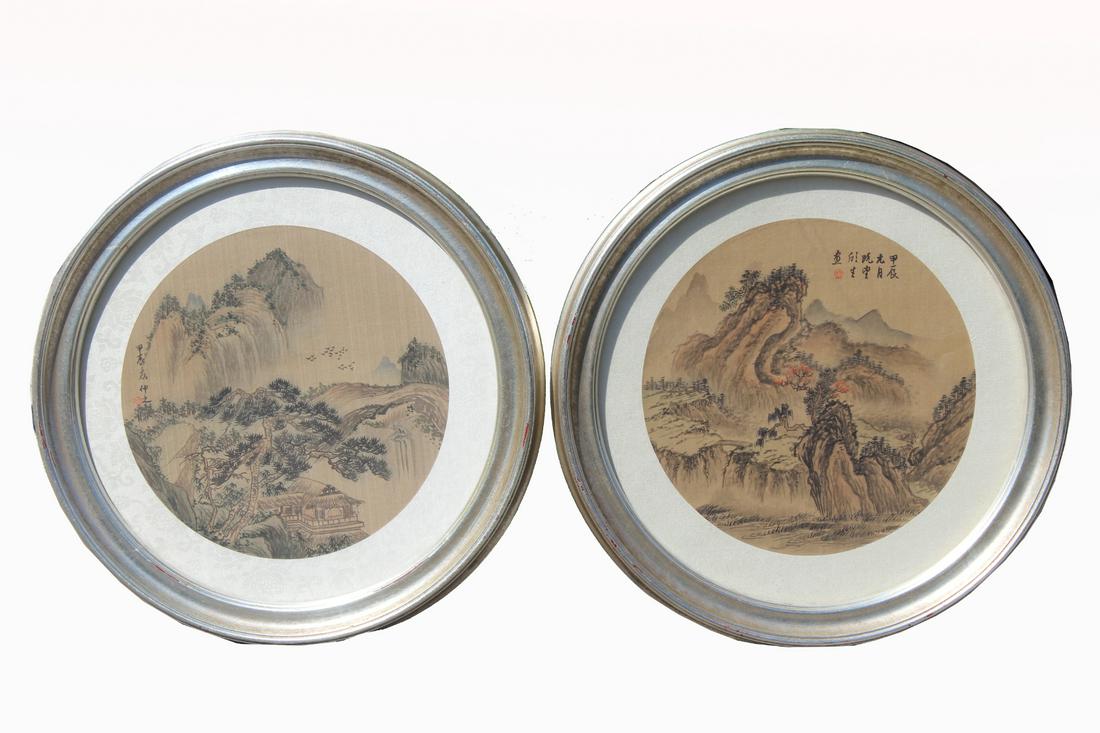 (2) Framed Chinese Watercolor Paintings, Signed: (2) Framed Chinese Watercolor Paintings, Signed. Watercolor/Ink on paper. Image Size: 9 in (diameter). Overall Framed Size: 14 in (each).