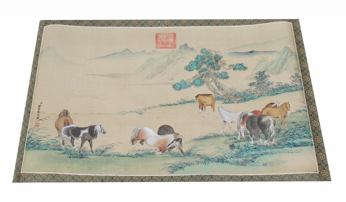 Signed, Chinese Scroll Painting of Horses (1 of 5)