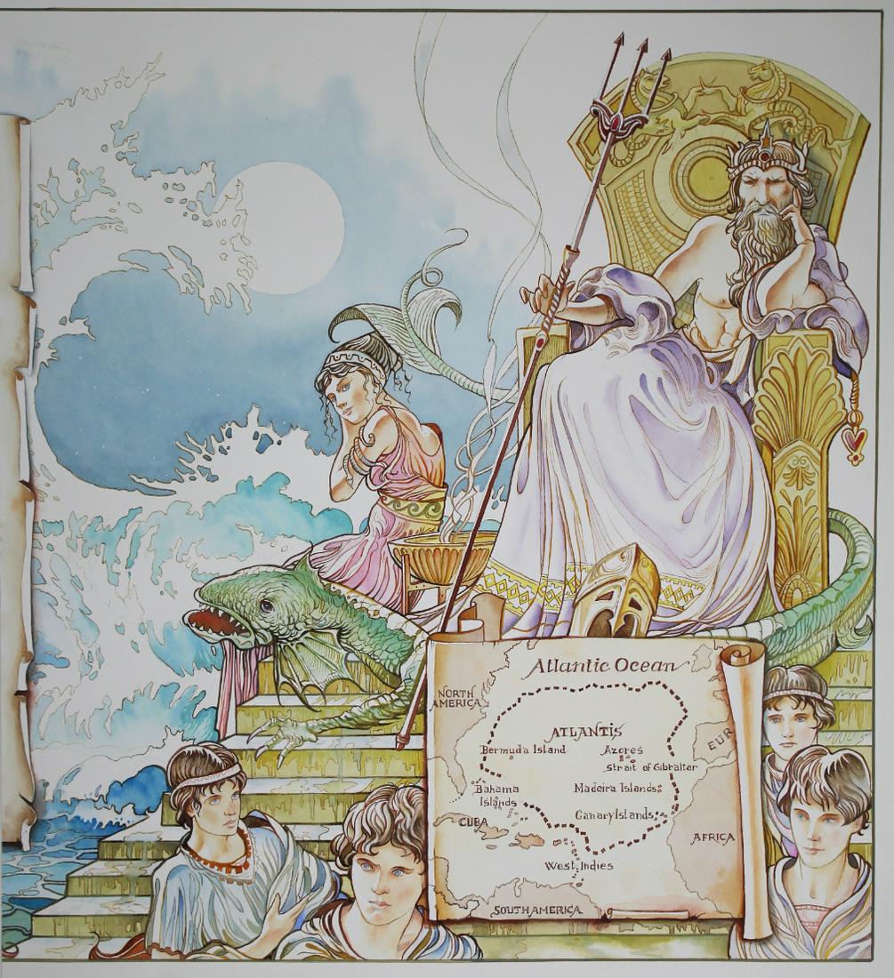 Gabriele Nenzioni (20th C) 'Atlantis' Illustration: Gabriele Nenzioni (20th C) 'Atlantis' Illustration. Image depicts king of Atlantis sitting on this throne with figures walking around. Map of Atlantis located lower right. Sheet Size: 18.5 x 14.5 in.