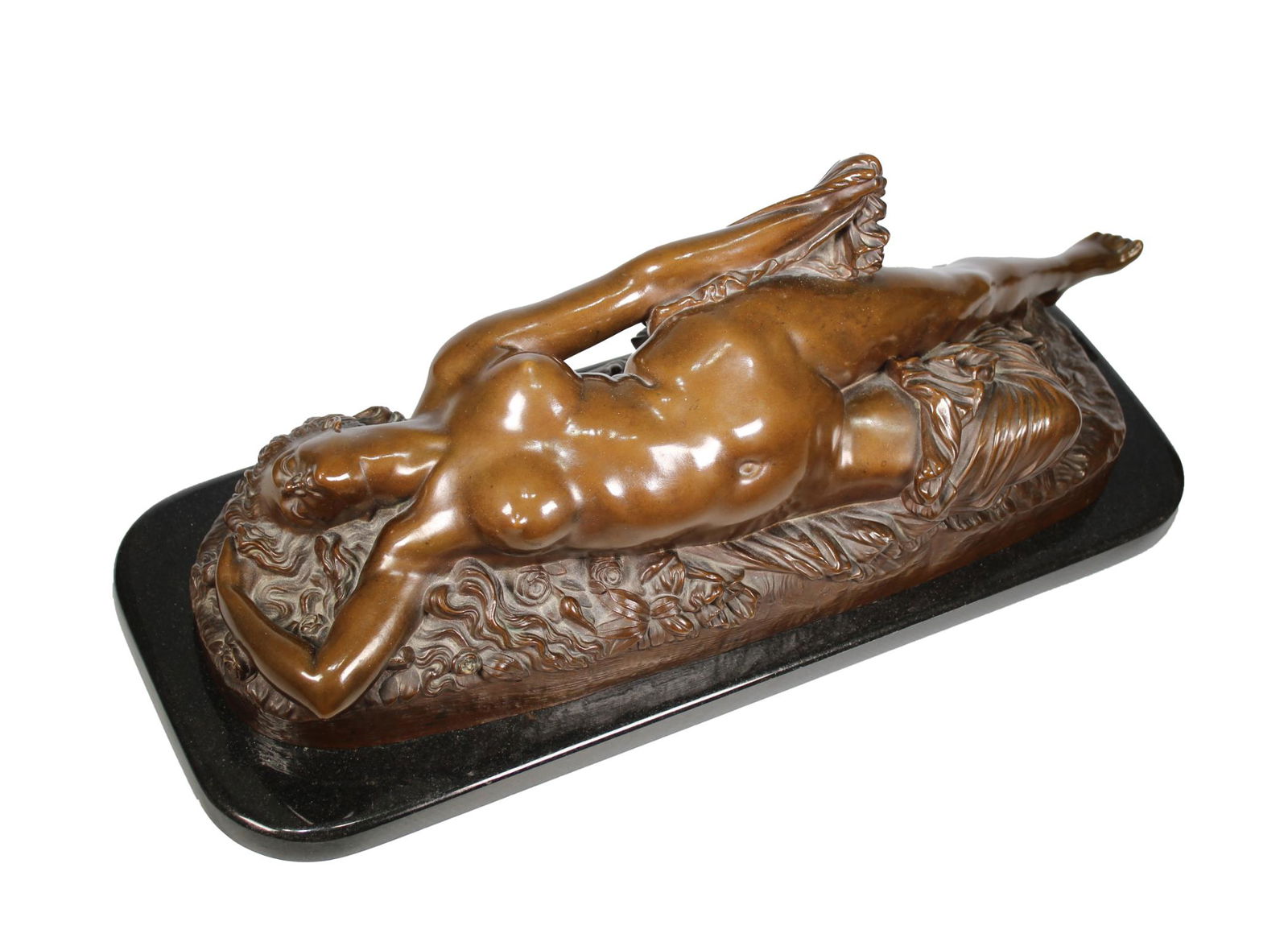 Jean Clesinger (France,1814 - 1883) Berbedienne Foundry: Jean Baptiste Clesinger (France, 1814 - 1883) "Woman Bitten by Serpent" Original Bronze. Artist and 'F. BARBEDIENNE. FONDEUR' foundry mark near base of bronze. Sculpture of a nude woman laying on the