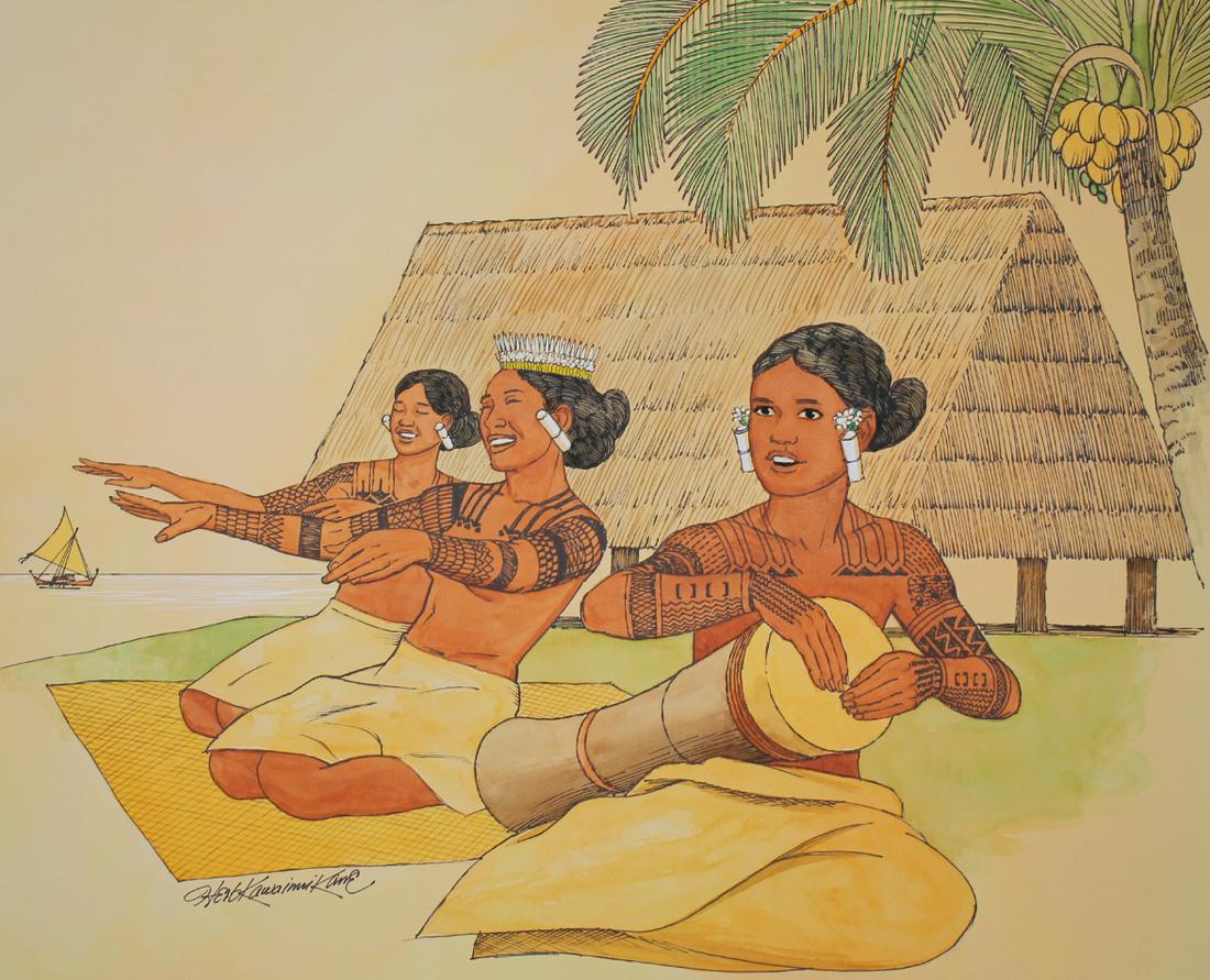 Herb Kawainui Kane (1928 - 2011) "Drummers": Herb Kawainui Kane (American, 1928 - 2011) "1800s Life in the Marshalls - Drummers & Dancers" Signed lower left. Original Mixed Media painting on Illustration Board. Provenance: Collection of James A.