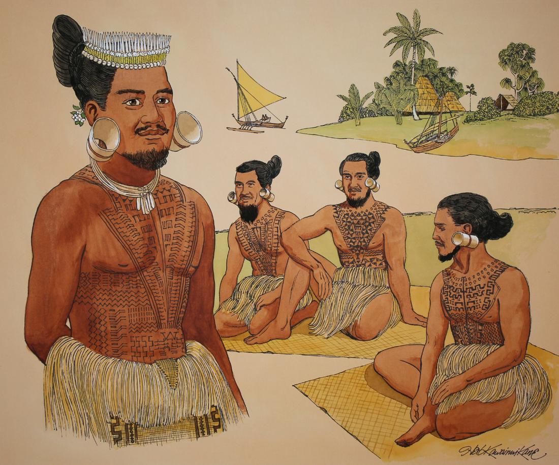 Herb Kawainui Kane (1928 - 2011) "Young Chiefs": Herb Kawainui Kane (American, 1928 - 2011) "1800s Life in the Marshalls - Young Chiefs" Signed lower right. Original Mixed Media painting on Illustration Board. Provenance: Collection of James A. Helz