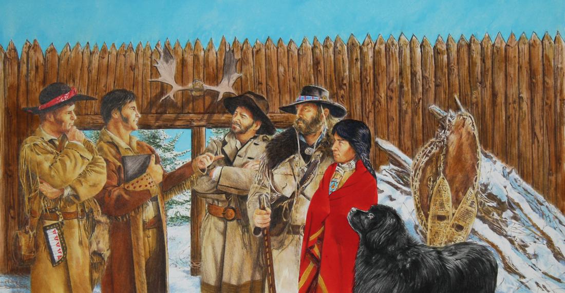 Paul & Chris Calle "Hired Sacagawea, Charbonneau": Paul Calle (American, 1928 - 2010) and Chris Calle (American, B. 1961) "Hired Sacagawea, Charbonneau" Signed lower right. Original Mixed Media painting on Illustration Board. Provenance: Collection of