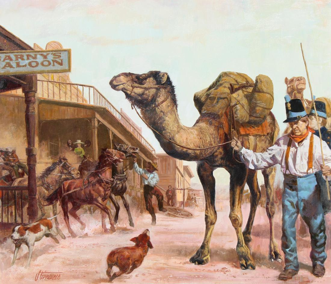 Shannon Stirnweis (B. 1931) "The Camel Corps": Shannon Stirnweis (B. 1931) "Army and Camels" Signed lower left. Original Oil and Acrylic painting on Board. Provenance: Collection of James A. Helzer (1946-2008), Founder of Unicover Corporation. Thi