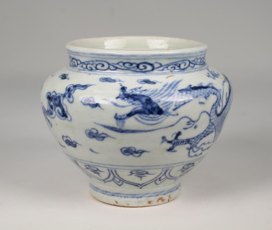 Chinese, Blue/White Dragon Vase: Chinese, Blue/White Dragon Vase. With three-clawed dragon chasing flaming pearl throughout exterior. Provenance: Private California collection. Size: 4 x 5 in.