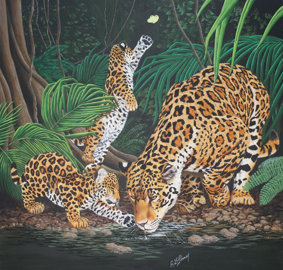 R.G. Finney (B. 1941) "Jaguar and Cubs" (1 of 3)