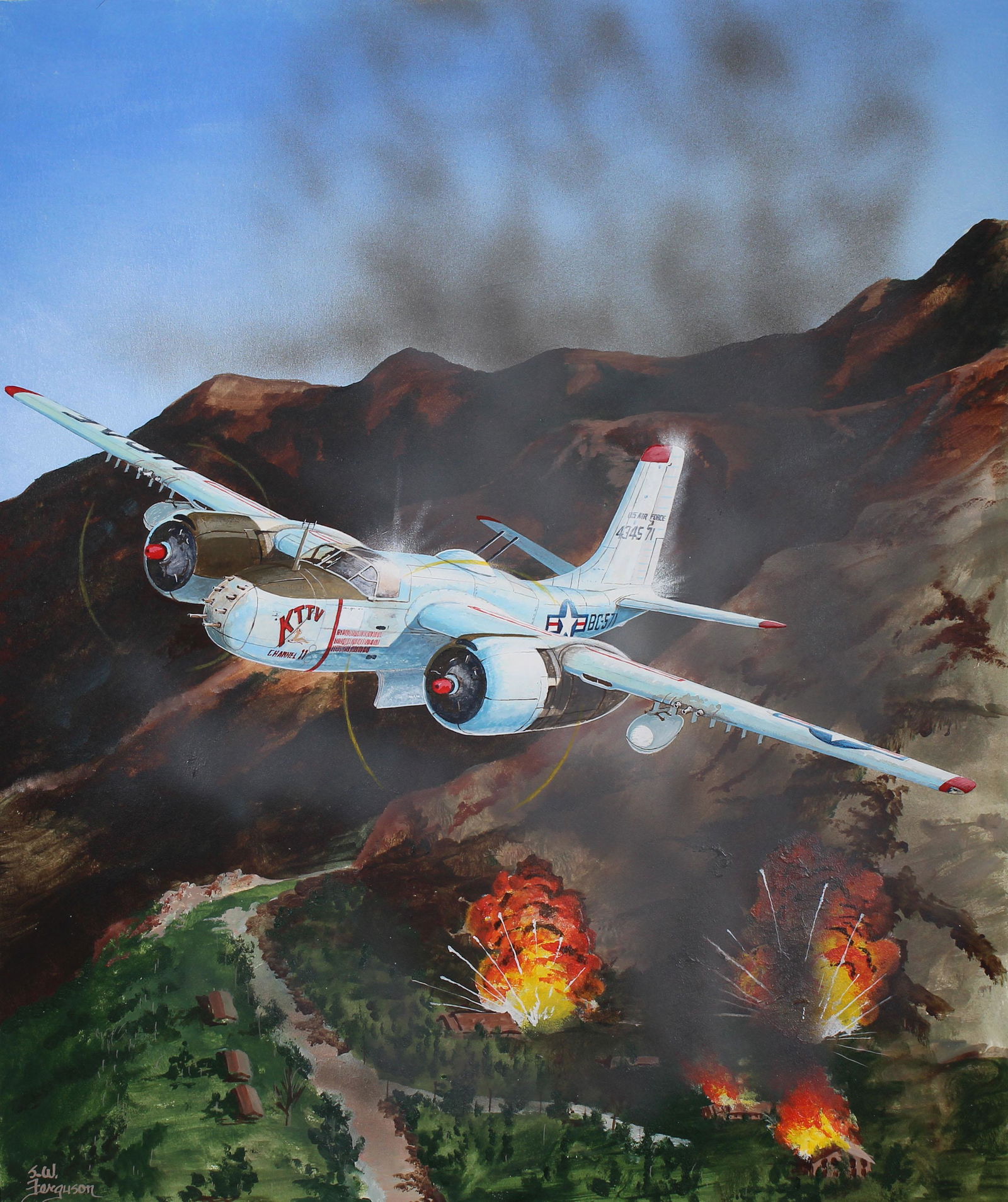 Steve Ferguson (B. 1946) A-26B Invader: Steve Ferguson (American, B. 1946) "A-26B Invader" Signed lower left. Original Acrylic painting on Illustration Board. Provenance: Collection of James A. Helzer (1946-2008), Founder of Unicover Corpor