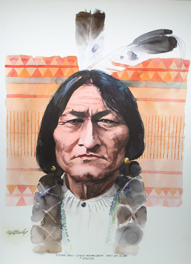 Tom McNeely (B. 1935) "Sitting Bull": Tom McNeely (Canadian, B. 1935) "Sitting Bull" Signed lower left. Original Watercolor painting on Paper. Provenance: Collection of James A. Helzer (1946-2008), Founder of Unicover Corporation. This pa