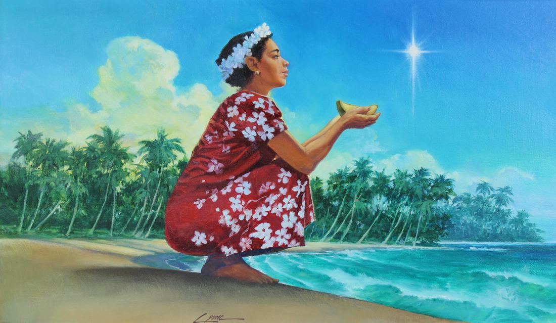 Dennis Lyall (B. 1946) "Marshallese Woman & Star": Dennis Lyall (American, B. 1946) "Marshallese Woman and Star" Signed lower right. Original Oil painting on Canvas. This painting was originally published on the Fleetwood First Day Cover for the Marsh