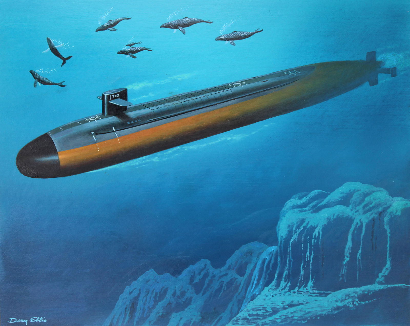 Dean Ellis (NY, 1920 - 2009) "USS Wyoming": Dean Ellis (New York, 1920 - 2009) "USS Wyoming" Signed lower left. Original Oil painting on Illustration Board. Provenance: Collection of James A. Helzer (1946-2008), Founder of Unicover Corporation.