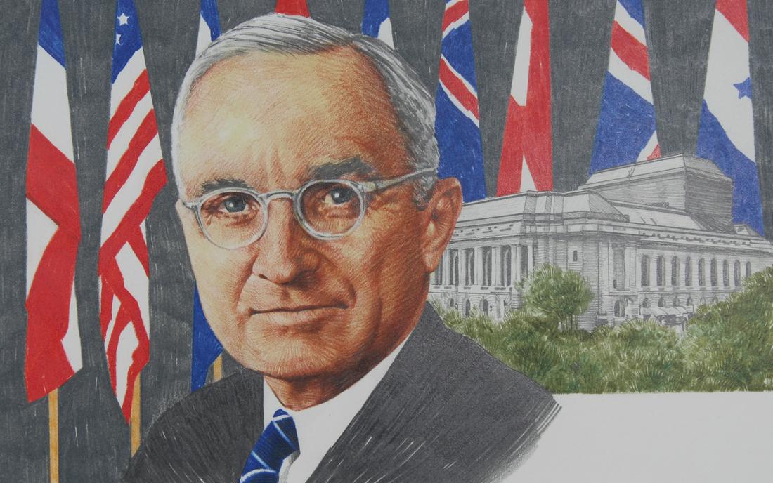 Paul Calle (1928 - 2010) "Harry Truman and the UN": Paul Calle (American, 1928 - 2010) "Harry Truman and the United Nations". Signed lower right. Original Mixed media painting on Illustration Board. Provenance: Collection of James A. Helzer (1946-2008)