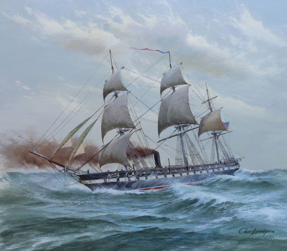 Charles J Lundgren (1911-1988) "U.S.S. Minnesota": Charles J Lundgren (New York, Connecticut, 1911 - 1988) "U.S.S. Minnesota" Signed lower right. Original Oil painting on Artist Board. Provenance: Collection of James A. Helzer (1946-2008), Founder of