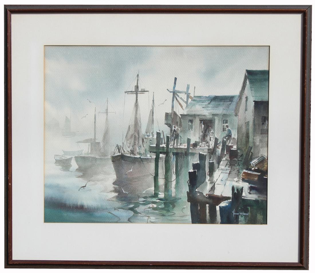 John Cuthbert Hare (MA, FL,1908 - 1978): John Cuthbert Hare (Massachusetts, Florida, 1908 - 1978) Watercolor painting of a harbor scene with figures. Signed lower right. His work is in the collections of the Lowe Art Museum and the Lightner