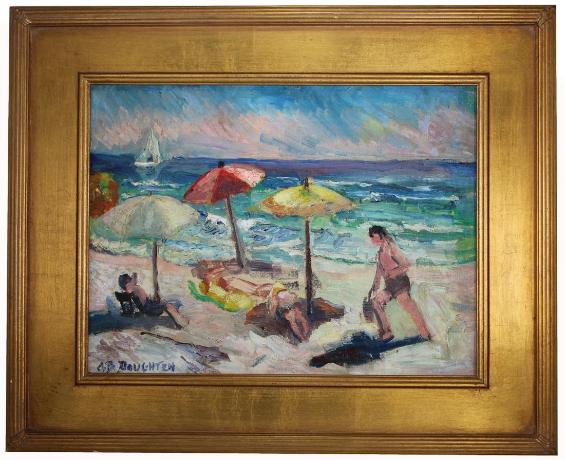 Alice Doughten (1880 - 1969) Atlantic City Beach: Alice Doughten (New Jersey, 1880 - 1969) 1937 Atlantic City Beach scene with figures. Oil on board. With original inscription from the artist verso. Signed lower left. Housed in a gilt frame. Doughten