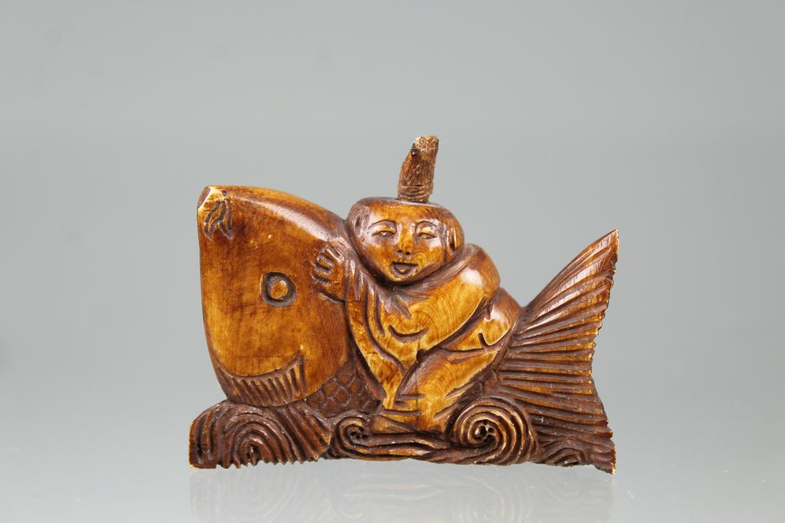 Carved Figural Snuff Bottle, Figure on Whale: Carved Figural Snuff Bottle, Figure on Whale. Height: 2 in.