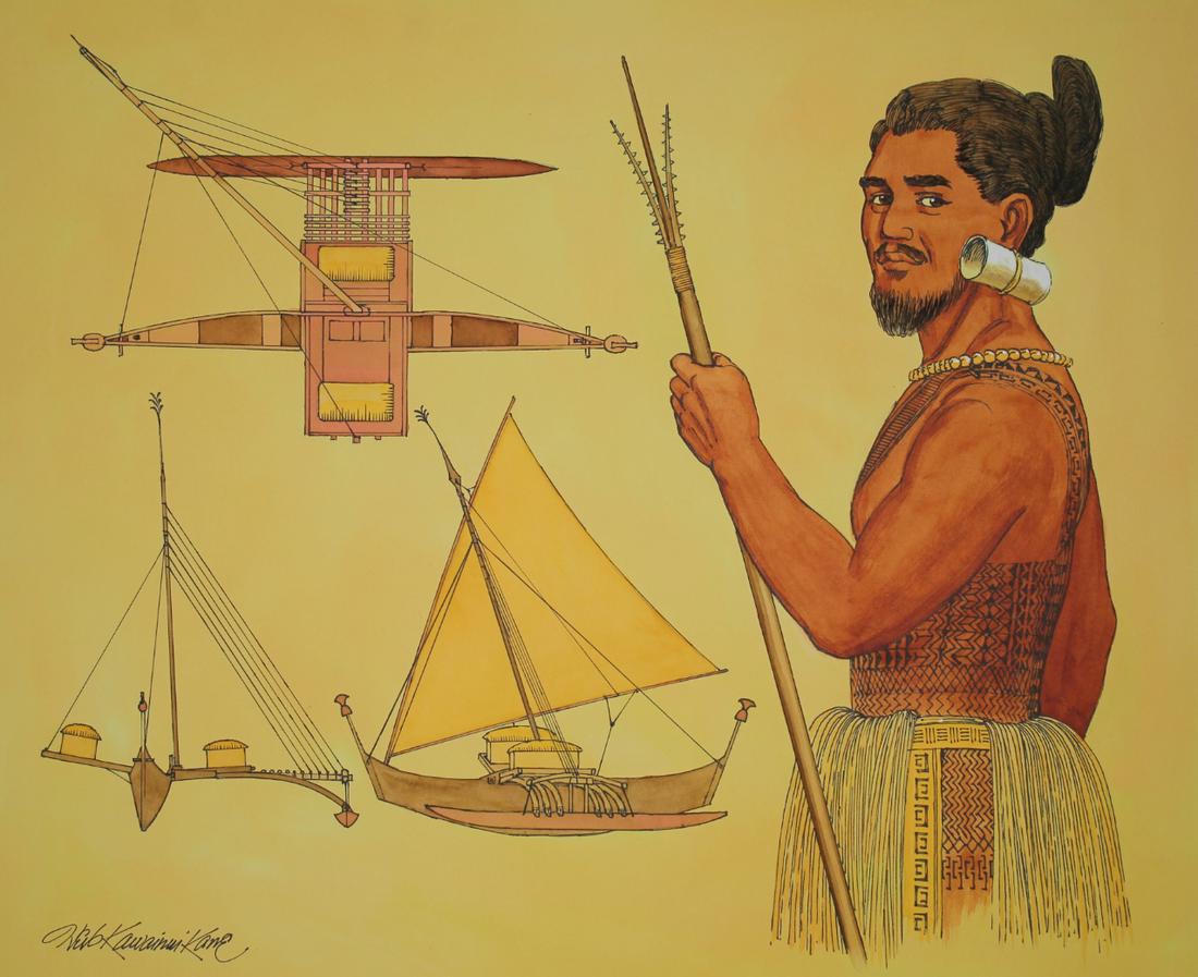 Herb Kawainui Kane (1928 - 2011) Tattooed Warrior: Herb Kawainui Kane (American, 1928 - 2011)Original Mixed Media painting on Illustration Board titled, "1800s Life in the Marshalls - Tattooed Warrior" Signed lower left. Provenance: Collection of Jame