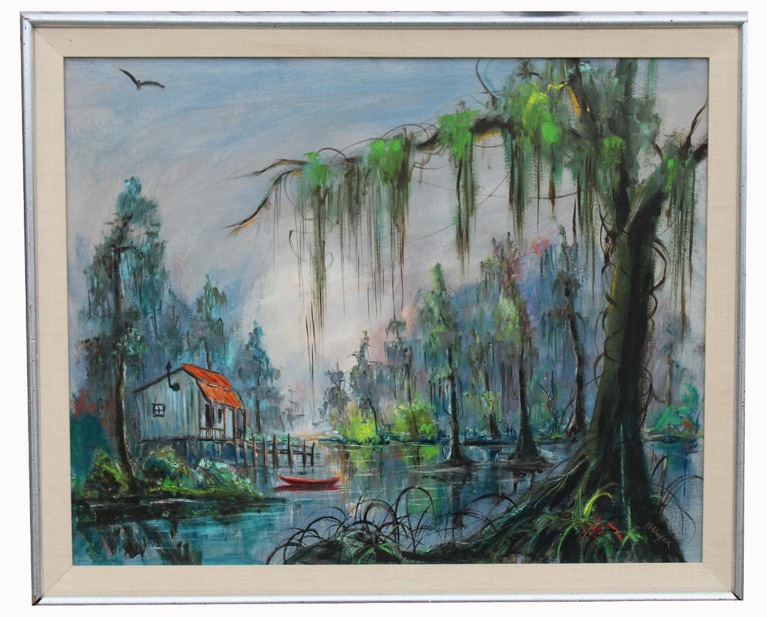 W.E. Dwyer (New Orleans, B. 1904) "Cabin in Bayou": W.E. Dwyer (New Orleans, B. 1904) "Cabin in Bayou" Signed lower right. Oil on Board. Sight Size: 24 x 30 in. Overall Framed Size: 27.75 x 33.75 in.