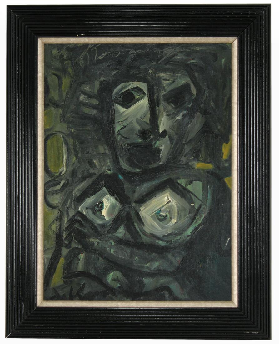 Attr. Willem de Kooning (1904 - 1997): Attr.Willem de Kooning (1904 - 1997) Oil on board painting. Signed in upper portion of painting. Label verso. Depicting an abstract nude figure. Provenance: Private Florida collection. Sight Size: 16