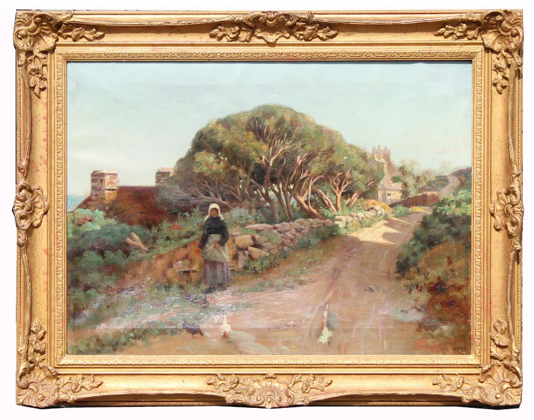 Swinnerton, 19th C. Painting of a Woman on Pathway: Swinnerton, 19th C. Painting of a Woman on Pathway with Chickens in the foreground. Signed lower right. Oil on canvas. Provenance: Private New York City collection. Sight Size: 18 x 24 in. Overall Fra