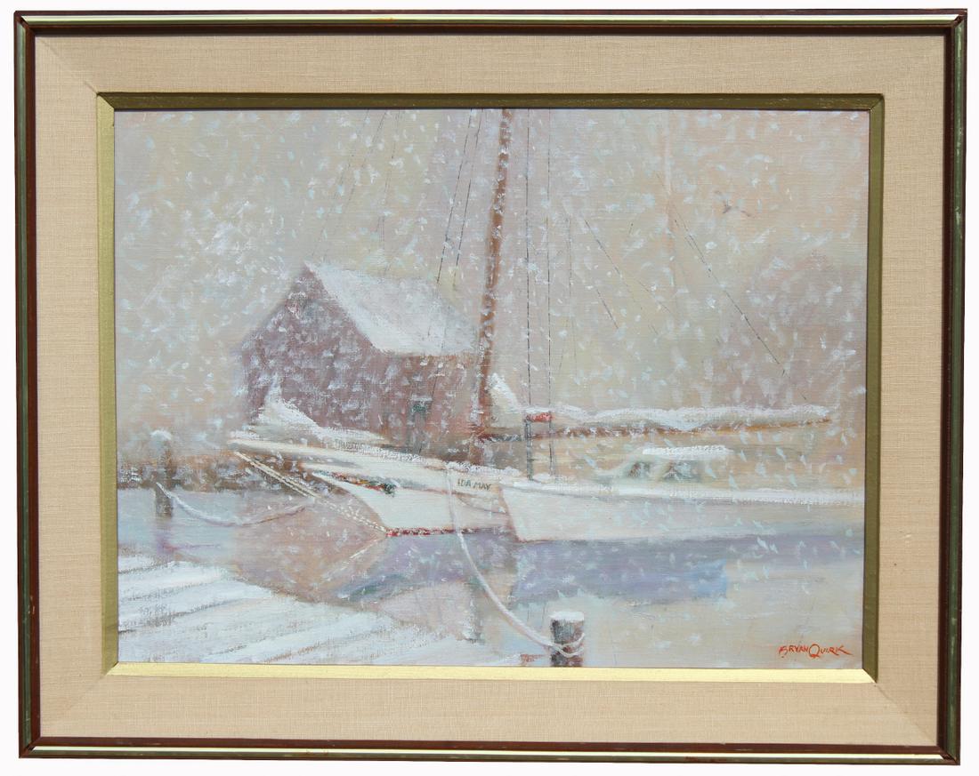 Bryan Quirk (American, 20th century): Bryan Quirk (American, 20th century) Oil on canvas painting of a snowy harbor scene. Signed lower right. Sight Size: 17.5 x 23 in. Overall Framed Size: 24 x 29 in.