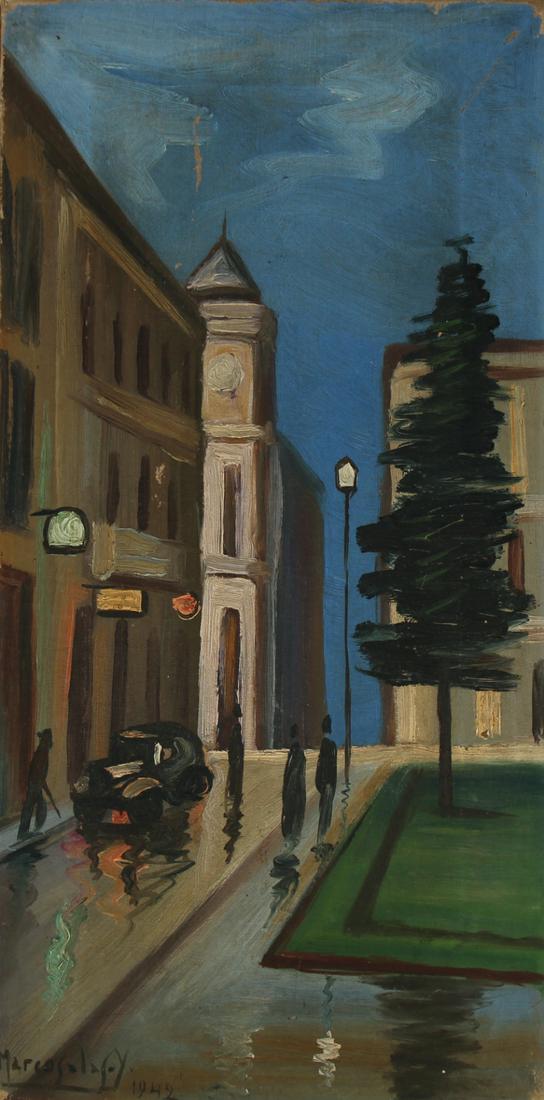 Signed, 1942 Street Scene with Figures: Signed, 1942 Street Scene with Figures. Oil on canvas. Indistinctly signed lower and dated 1942 lower left. Size: 15 x 7.5 in.
