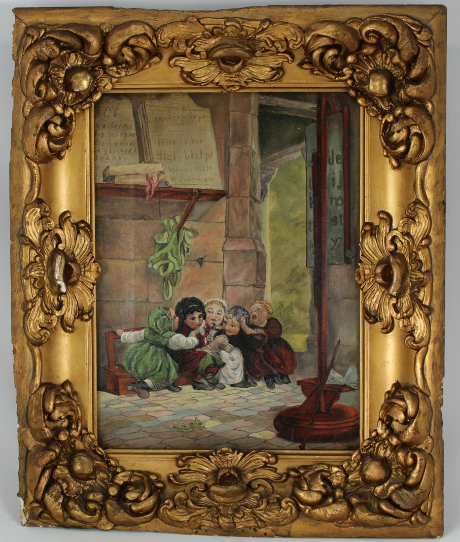 Antique Painting of Young Children at School: Antique Painting of Young Children at School. Oil on canvas. Housed in a gilded frame. Appears to be unsigned. Has not been examined out of the frame. Sight Size: 11.5 x 8.5 in. Overall Framed Size: 1