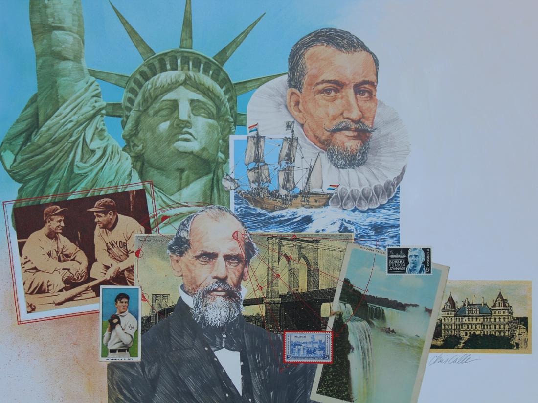 Chris Calle (B. 1961) "New York Statehood": Chris Calle (B. 1961) "New York Statehood" Original Mixed Media painting on Illustration Board. Signed lower right. Provenance: Collection of James A. Helzer (1946-2008), Founder of Unicover Corporati