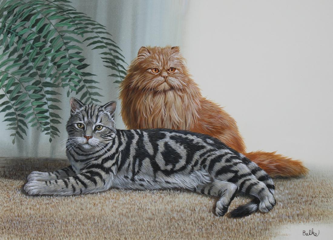 Don Balke (B. 1933) Short Hair and Persian Cats: Don Balke (North Carolina, B. 1933) "Shorthair and Persian Cats" Signed lower right. Original Watercolor painting on Illustration Board. Provenance: Collection of James A. Helzer (1946-2008), Founder