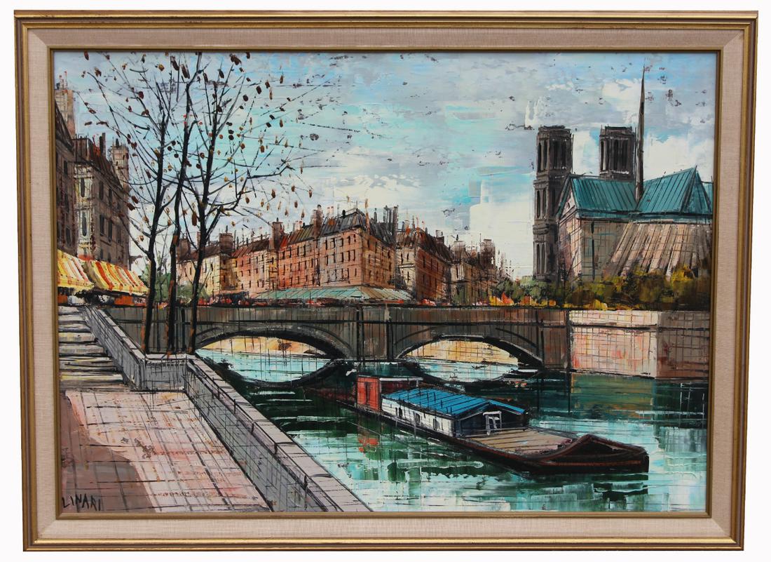 Signed Linari French Canal Scene: Signed Linari French Canal Scene. Signed lower left. Oil on Canvas. The Designers Gallery label verso. Sight Size: 19.75 x 27.5 in. Overall Framed Size: 22.5 x 30.75 in.