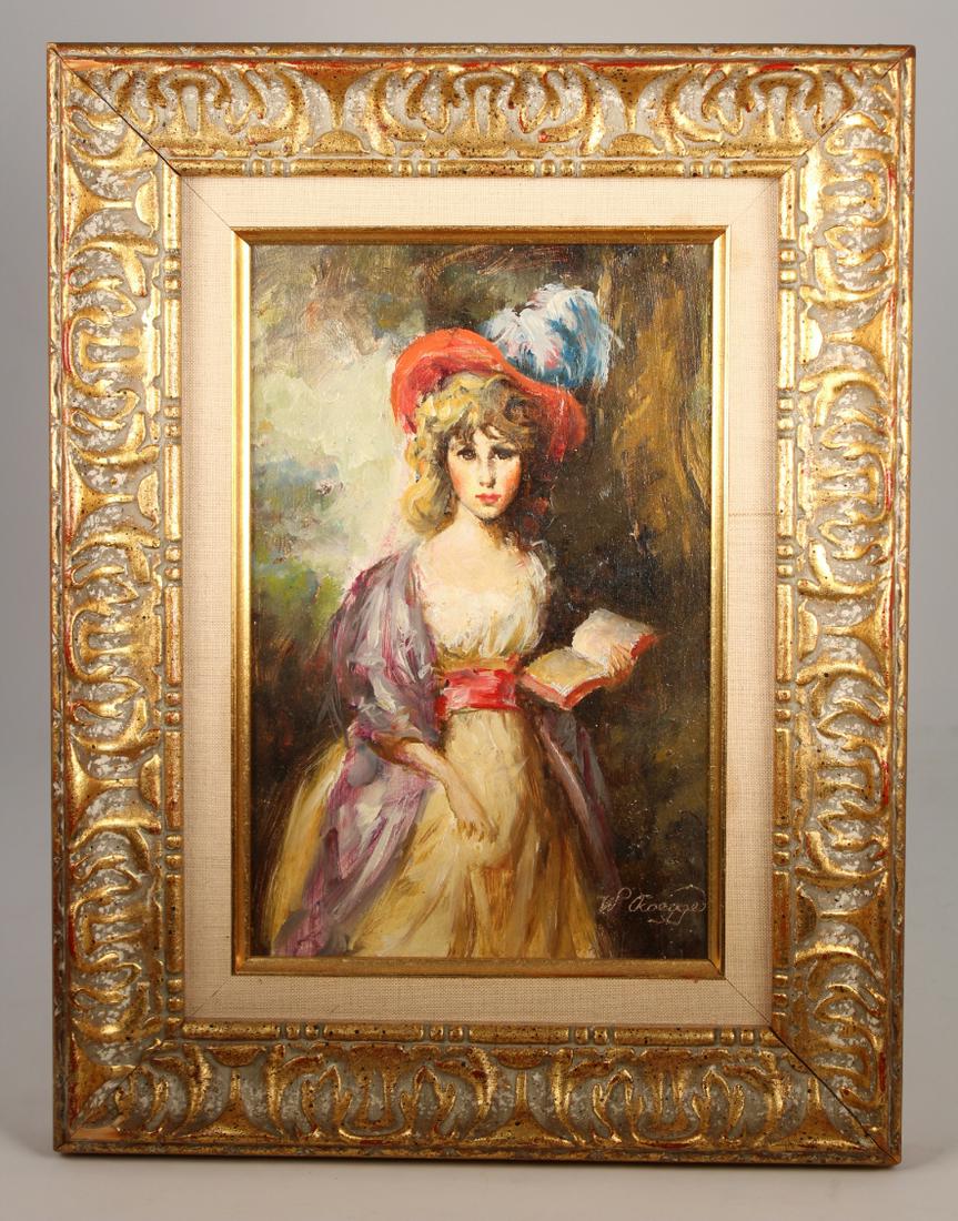 European School, Portrait of Woman in Landscape: European School, Portrait of Woman in Landscape. Signed lower right. Oil on board. Sight Size: 9 x 6 in. Overall Framed Size: 13 x 10 in.