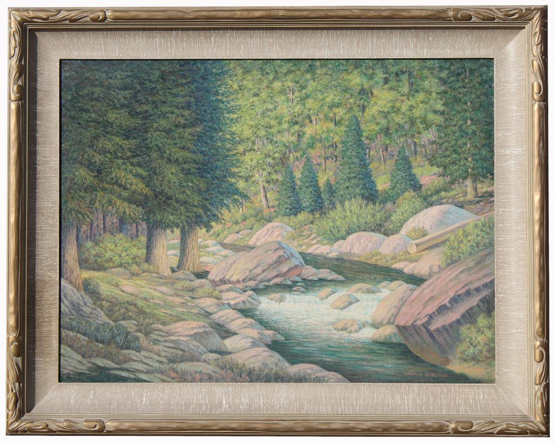 Harris Shelton (Texas/New Mexico, 1896 - 1976): Harris Shelton (Texas/New Mexico, 1896 - 1976) Large wooded river landscape. Oil on canvas. Signed lower right. Sight size: 24 x 32 in. Overall framed size: 31 x 39 in.