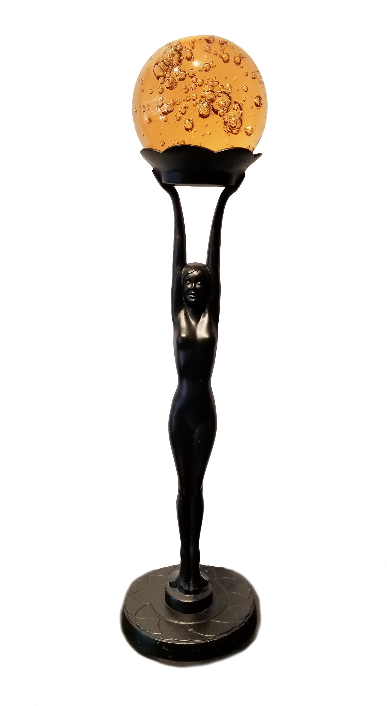 Frankart Metal Nude Ashtray Stand w/ Glass Sphere: Frankart Metal Nude Ashtray Stand w/ Glass Sphere. Marked on base. Glass sphere is not original to piece. Height: 23.5 in. (stand) / 8 in. (sphere)