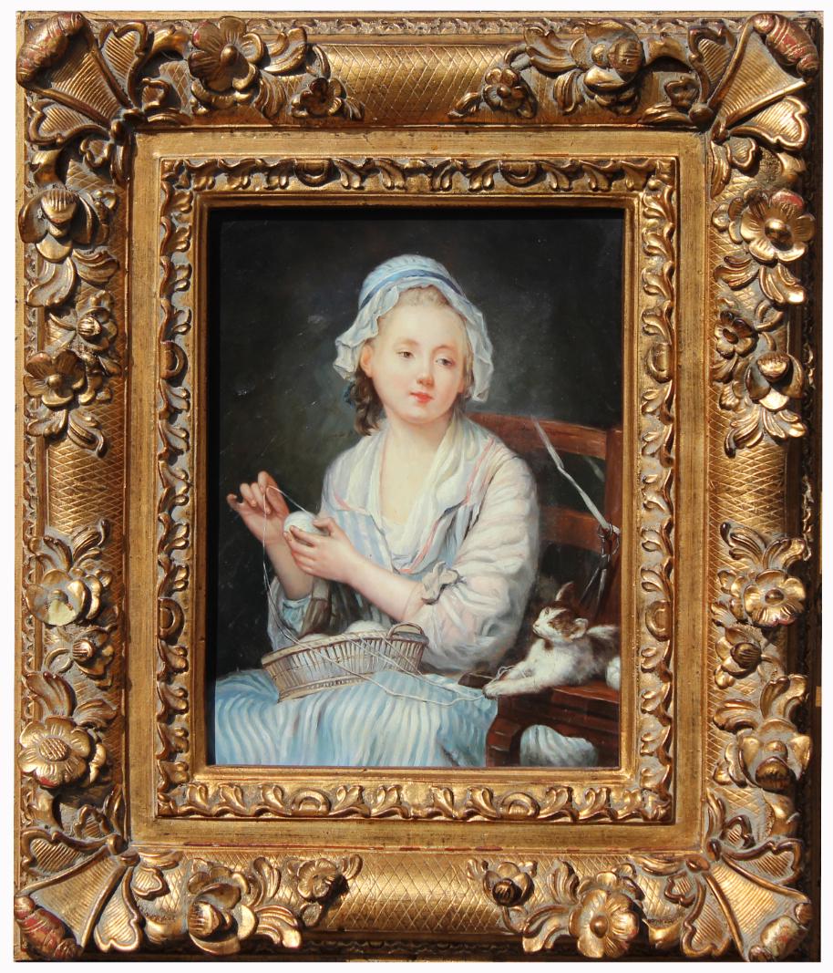 American School, Painting of Woman with Kitten: American School, Painting of Woman with Kitten. Oil on board. Appears to be unsigned, has not been examined out of frame. Housed in a carved frame. Sight size: 15.5 x 11.5 inches. Overall framed size: