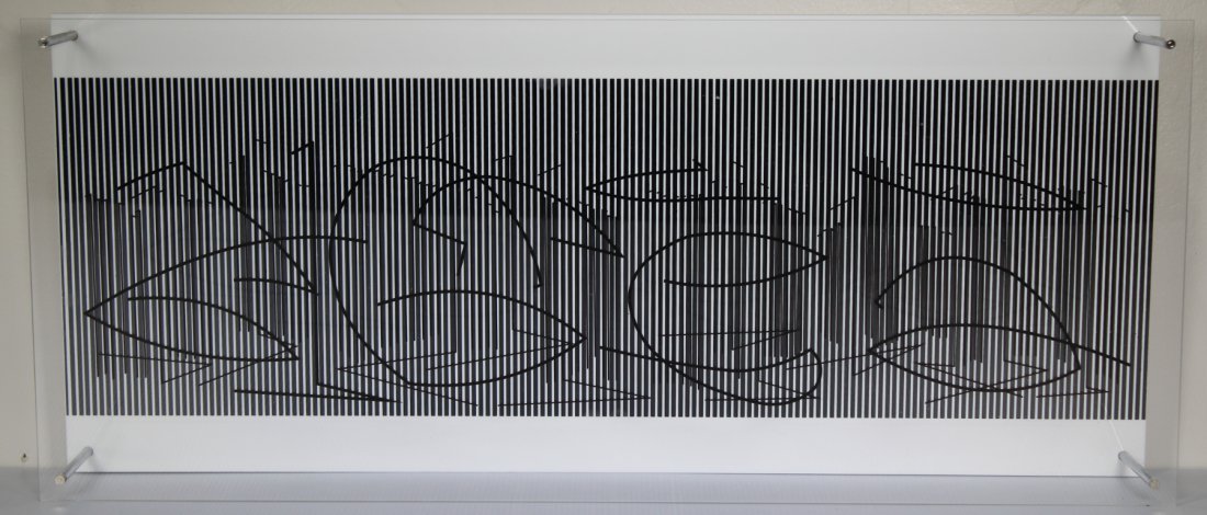 Jesus Soto (Venezuela, 1923-2005) "Escritura": Jesus Rafael Soto (Venezuela, France, 1923 - 2005) Titled: "Escritura" from the 1979 Sintesis Series. Numbered: (37/110) Medium: Silkscreen on Plexiglas with chromed aluminum metal rods. Signed on lab