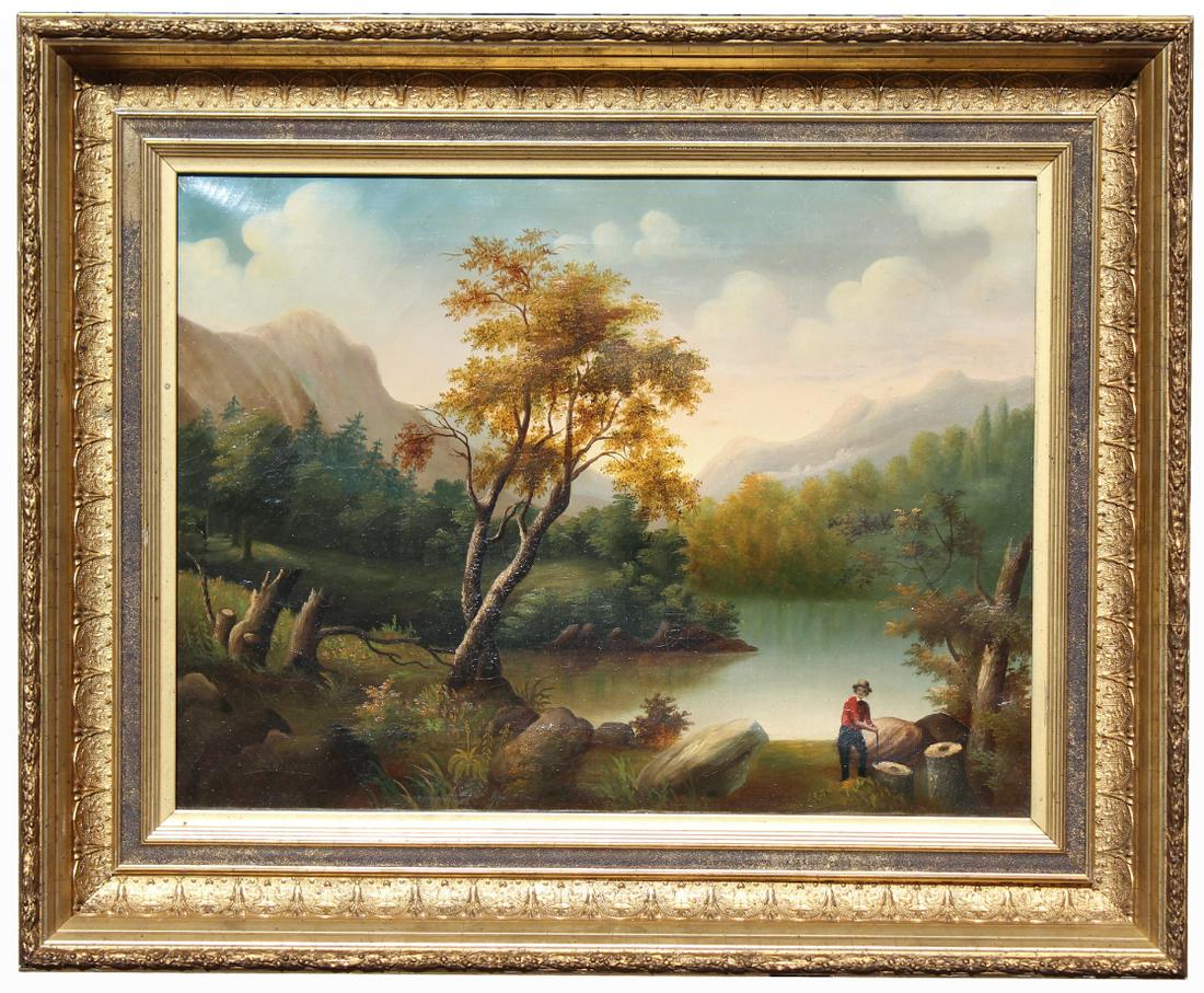19th C. Hudson River School Landscape with Figure: 19th C. Hudson River School Landscape with Figure Painting. Oil on canvas. Appears to be unsigned. Has not been examined out of the frame. Housed in a gilt frame. Sight size: 18 x 24 inches. Overall f