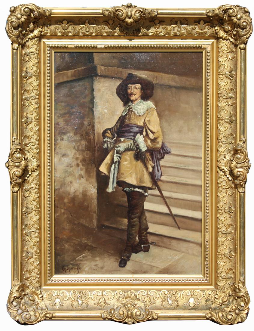 19th C. Painting of a Muskateer, Signed: 19th C. Painting of a Muskateer, Signed Lower left. Oil on canvas. Housed in a gilt frame. Sight size: 16 x 24 inches. Overall framed size: 24 x 32 inches.