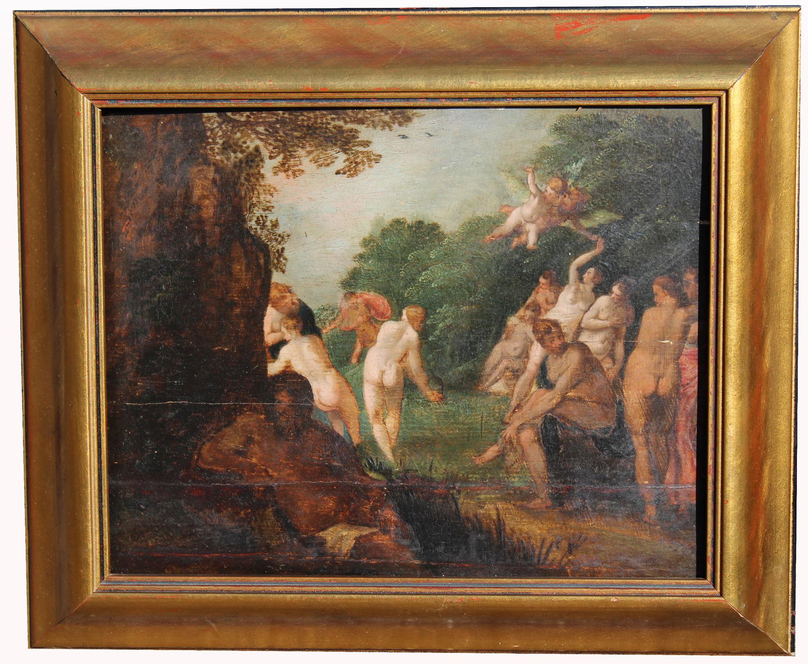 Manner of Rottenhammer, 17th c. Diana & Actaeon: Manner of Rottenhammer, 17th c. Diana and Actaeon Painting. Oil painting on board. Appears to be unsigned, has not been examined out of the frame. The original chalk drawing of this image sold through