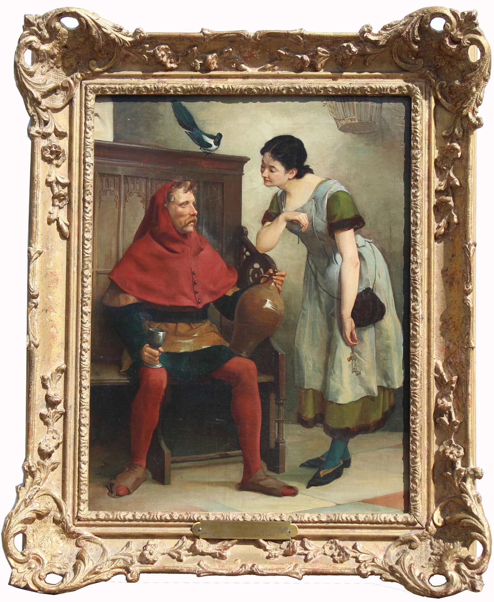 John Charlton (1849 - 1917) "Keys to the Cellar": John Charlton (UK, 1849 - 1917) Oil on canvas painting titled "The Keys of the Wine Cellar". Depicting a man seated in a cellar holding a wine jug conversing with a young woman holding the keys to a w