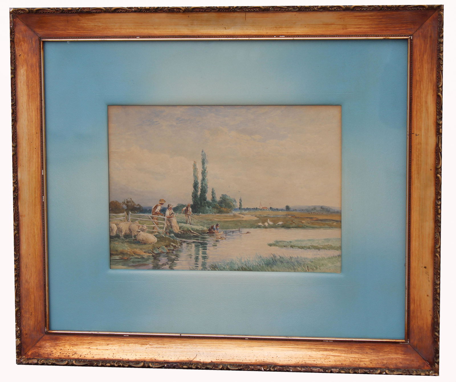 David Bates (England, 1840 - 1921): David Bates (England, 1840 - 1921) Watercolor painting of shepherds bathing sheep. Signed lower right. Sight Size: 10 x 14 in. Overall Framed Size: 22 x 26 in. Framed behind glass.