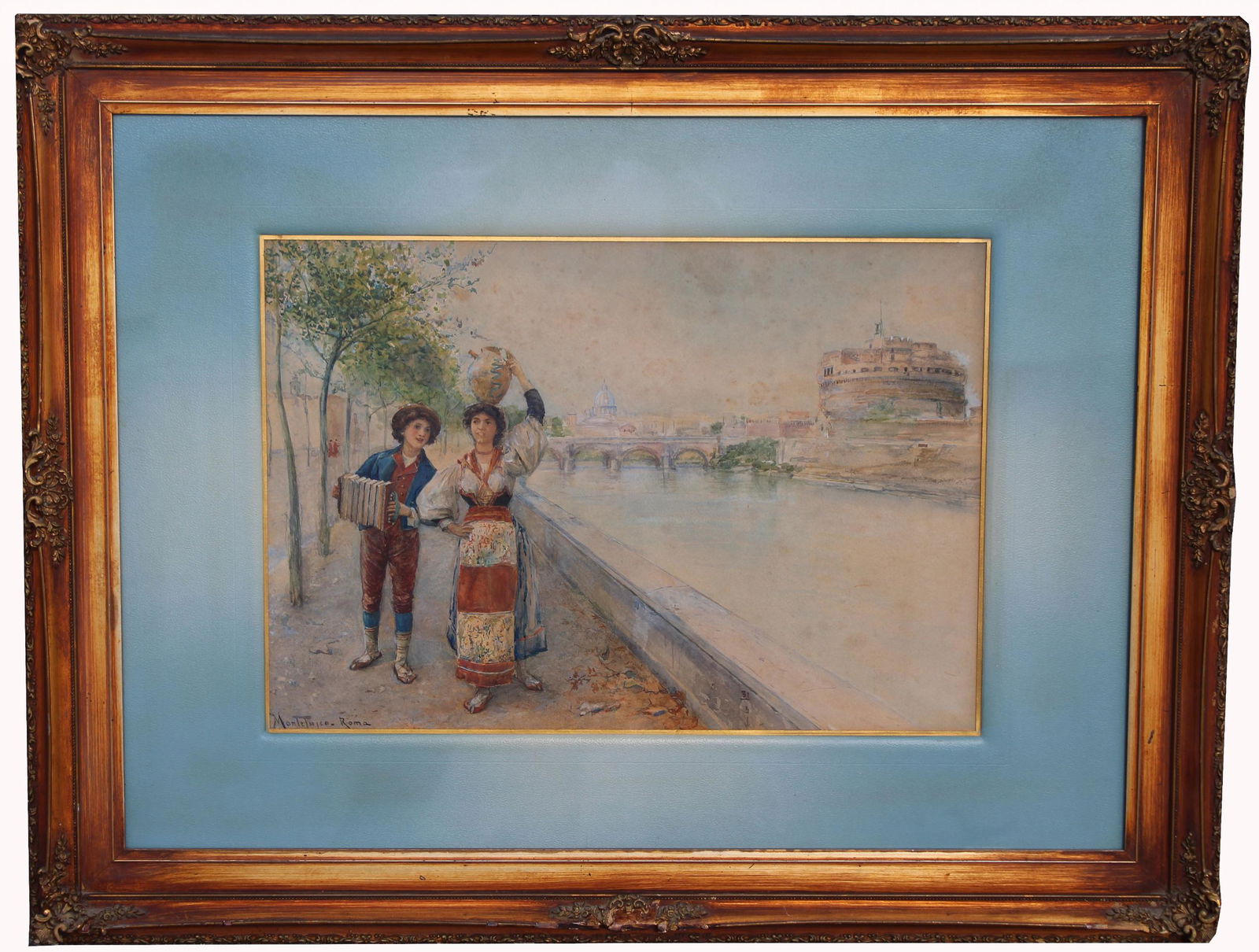 Vincenzo Montefusco (Italian 1852-1912): Vincenzo Montefusco (Italian 1852-1912) Watercolor painting of figures near a river. Signed "Montefusco- Roma" lower left. Sight Size: 14.5 x 21 in. Overall Framed Size: 27 x 35 in. Framed behind glas