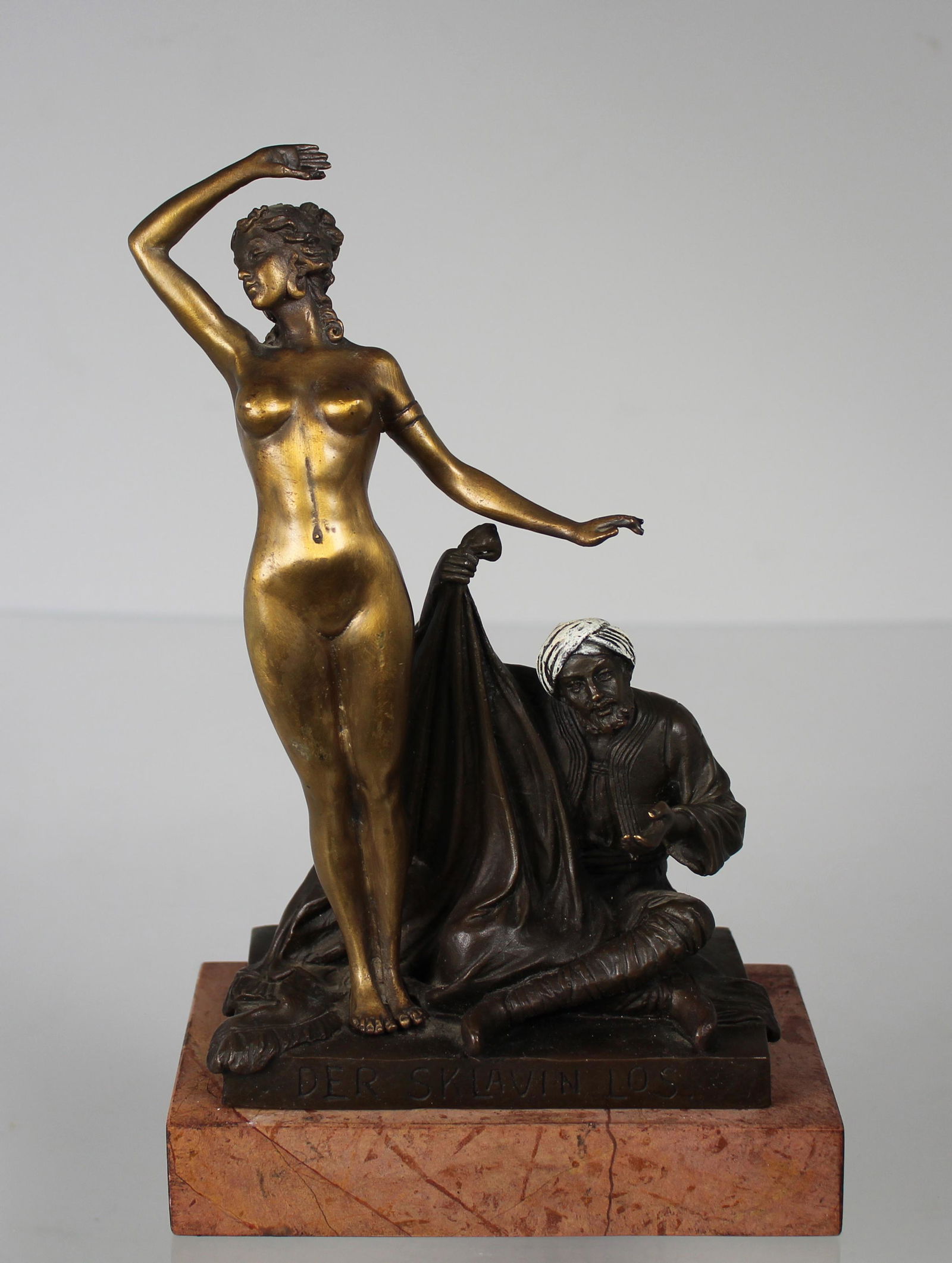 After Theodor Eichler, Orientalist Bronze: After Theodor Karl Eichler (Germany, 1868 - 1946) Orientalist Bronze with Foundry Mark. Mounted on Marble Base. Depicting a standing nude woman bather with a seated Arab man. Titled, "Der Sklavin Los"