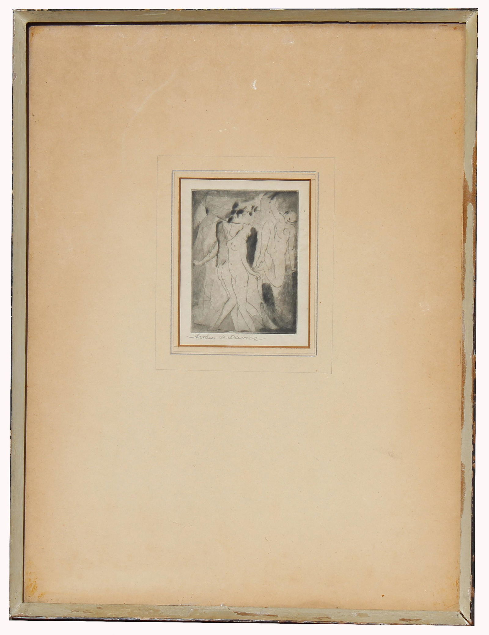Arthur Bowen Davies (1862 - 1928) Etching: Arthur Bowen Davies (1862 - 1928) Erotic etching of three nude figures. Pencil signed in lower margin. Sight Size: 3.75 x 3 in. Overall Framed Size: 17 x 13 in.