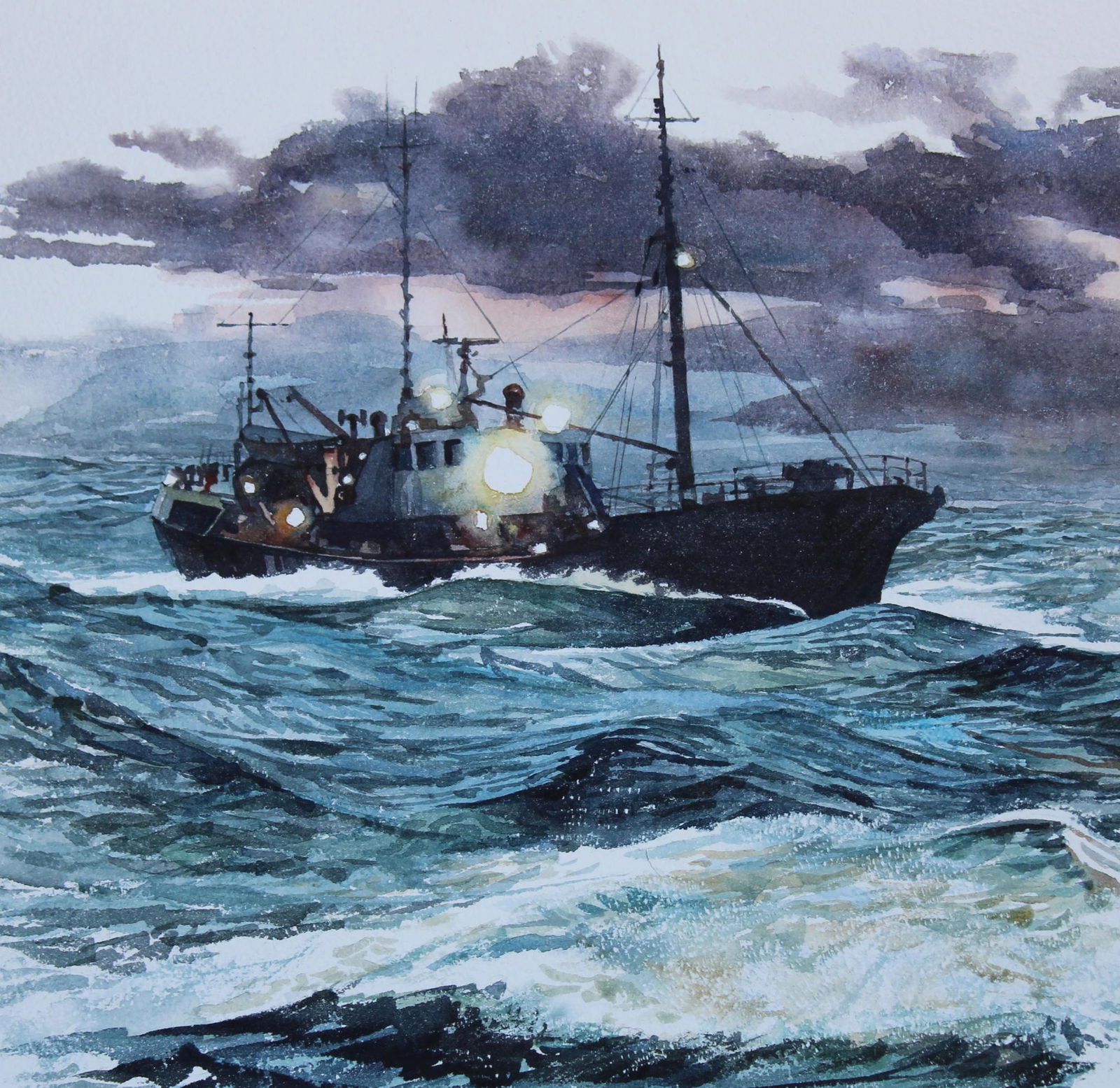 Brian Sanders (B. 1937) "Side Trawler": Brian Sanders (British, B. 1937) "Side Trawler -- Fishing Boat" Watercolor on Illustration Board. Provenance: Collection of James A. Helzer (1946-2008), Founder of Unicover Corporation. This painting