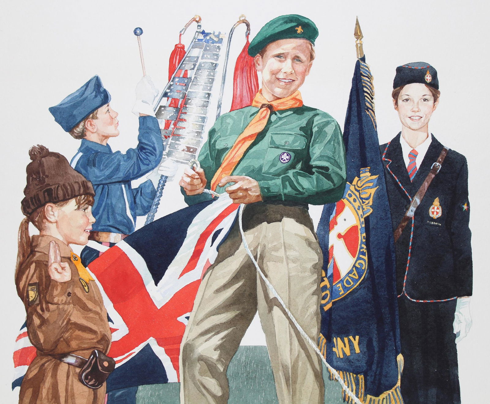 Brian Sanders (B. 1937) British Youth Organization: Brian Sanders (British, B. 1937) "British Youth Organizations" Watercolor on Paper. Provenance: Collection of James A. Helzer (1946-2008), Founder of Unicover Corporation. This painting originally app